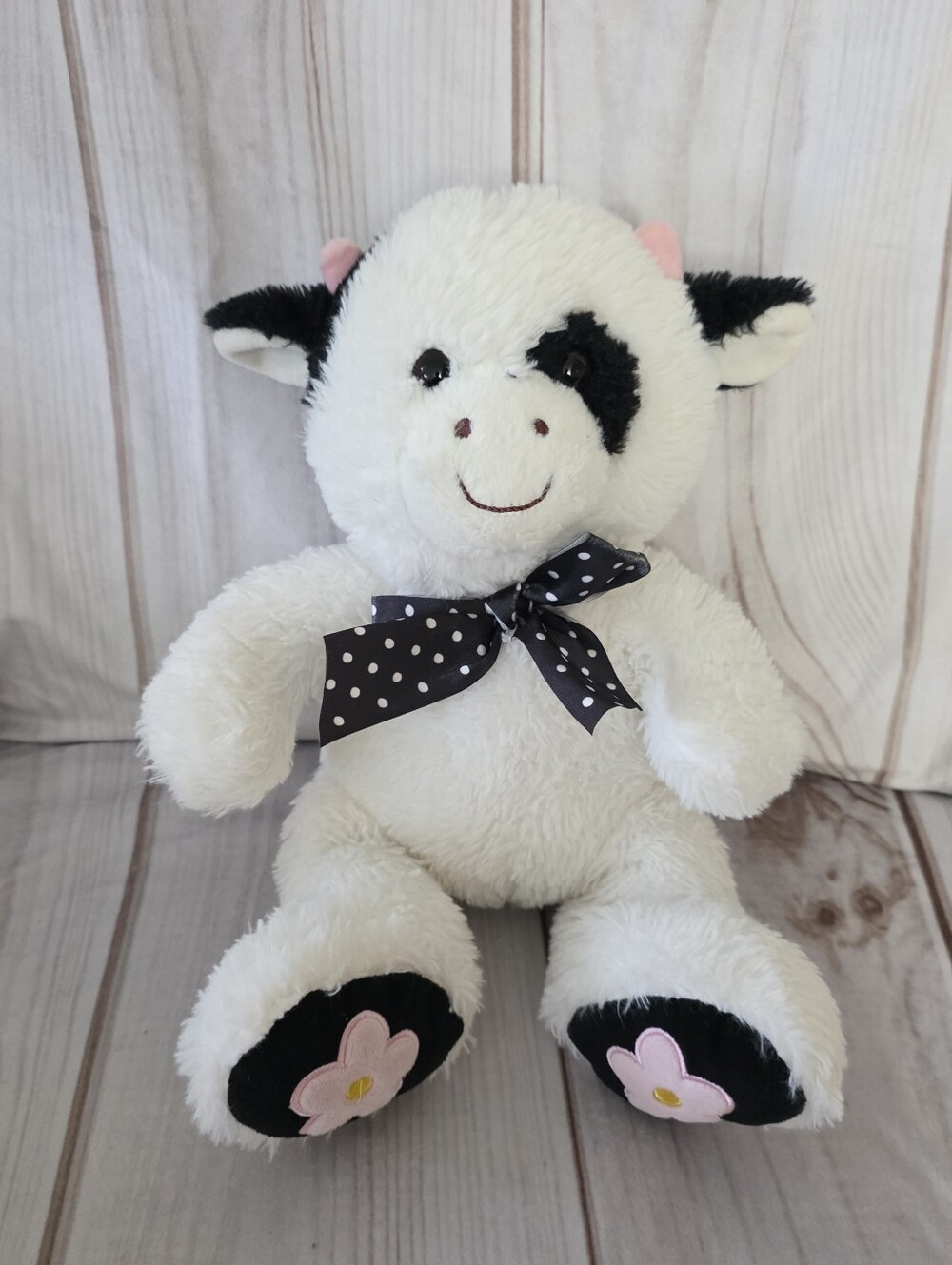 Hugfun Holstein Cow Plush Stuffed Toy Black White Pink Flower Feet 14 Inch